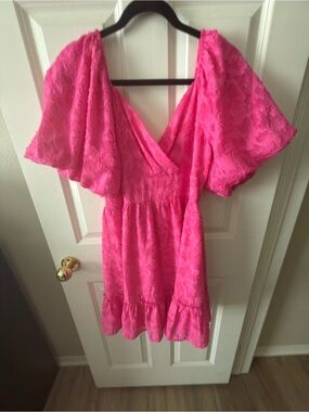 Peach Love California Bright Pink Puff Sleeve Midi Dress